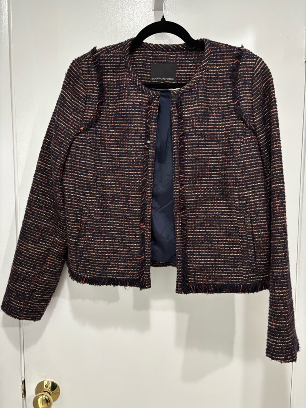 Banana Republic Brown Tweed Frayed-Trim Collarless Jacket